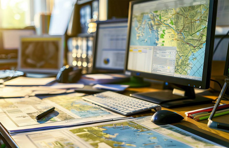 Schreibtisch mit Computerbildschirm zeigt QGIS-Interface mit Kartendarstellung, Layerverwaltung und GIS-Werkzeugen; symbolisiert professionelles Desktop-GIS für Geodatenanalyse und Kartenerstellung.