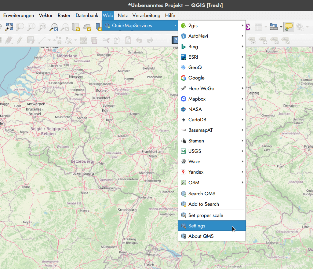 Auswahl an verfügbaren Kartendiensten nach dem Laden des “Contributed Pack”