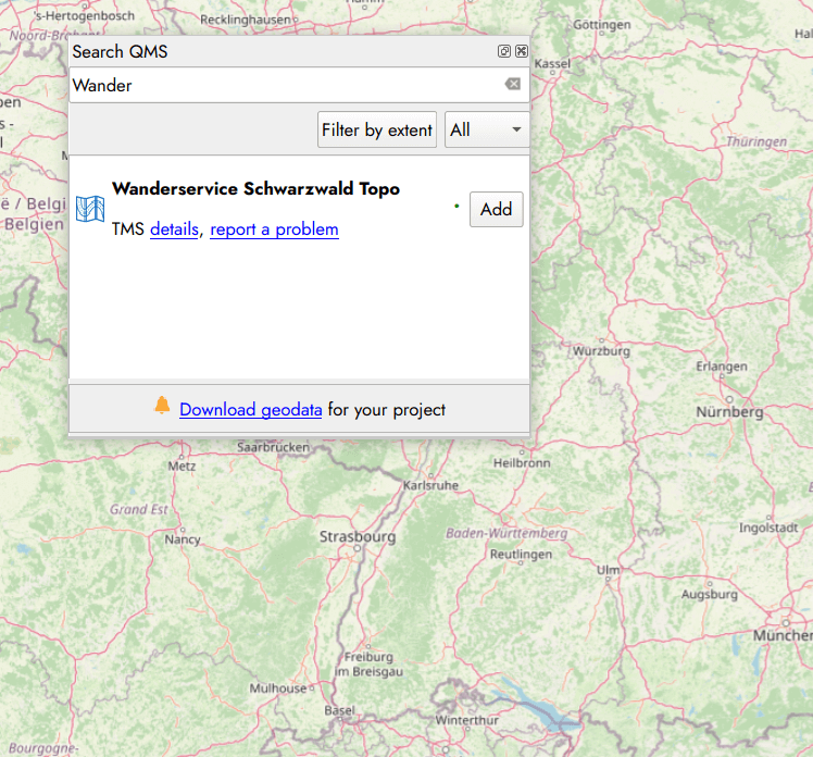 Bedienfeld zum Suchen nach Kartendiensten in QuickMapServices