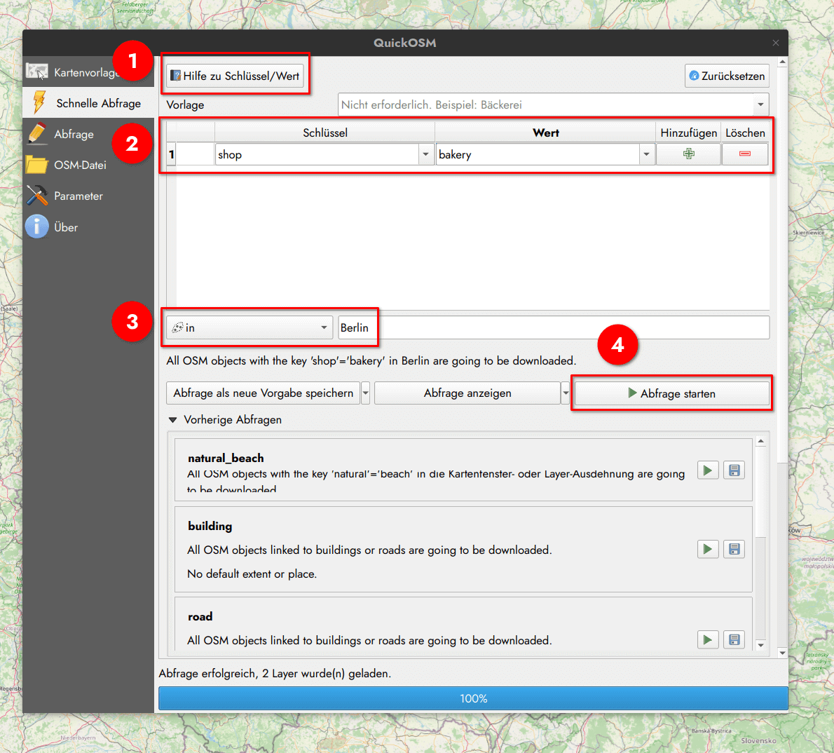 Beispielabfrage für alle Bäcker in Berlin mit dem QuickOSM-Plugin