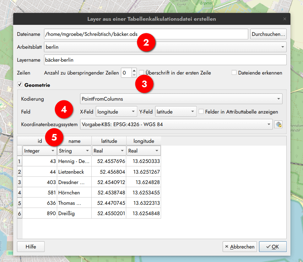 Einlesen eines Tabellendokuments mittels des QGIS-Plugins Spreadsheet Layers